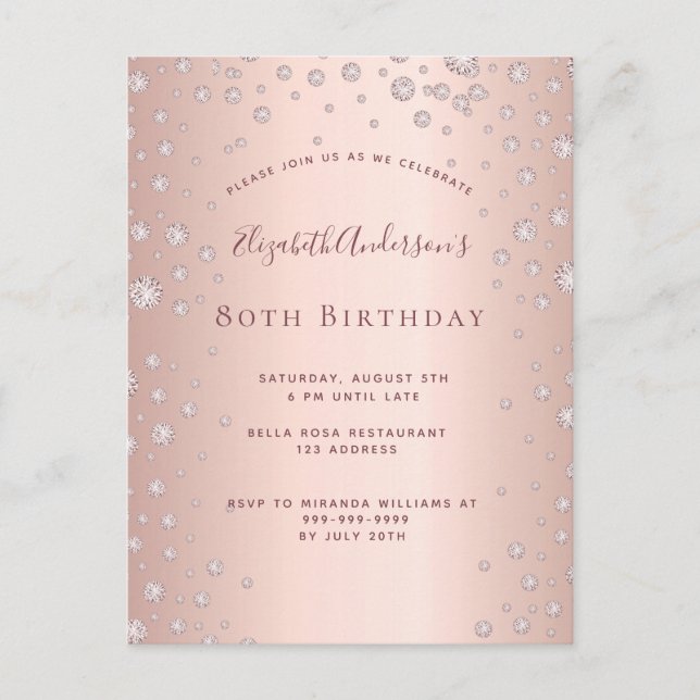 80e anniversaire rose or diamant invitation (Devant)