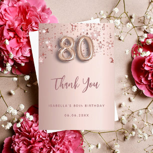 80e anniversaire rose or étoiles carte de remercie