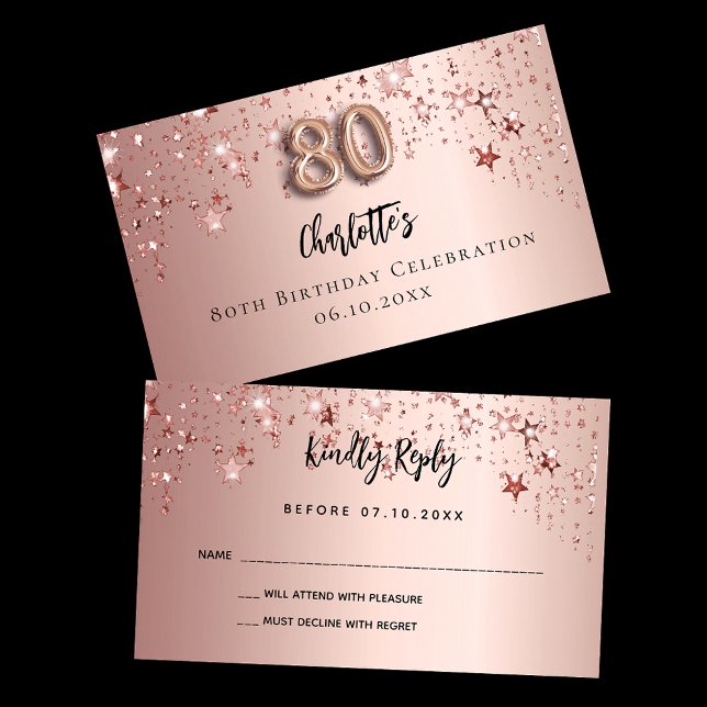 80e anniversaire rose or étoiles carte RSVP (Créateur téléchargé)