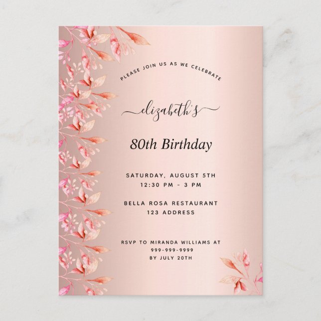 80e anniversaire rose or rose invitation florale (Devant)