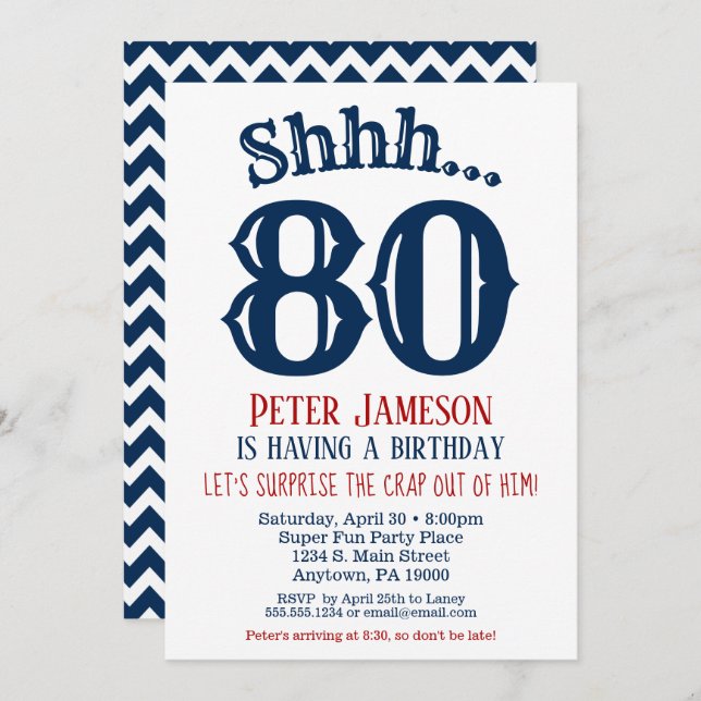 80e Anniversaire Surprise Invitation Homme Marine  (Devant / Derrière)