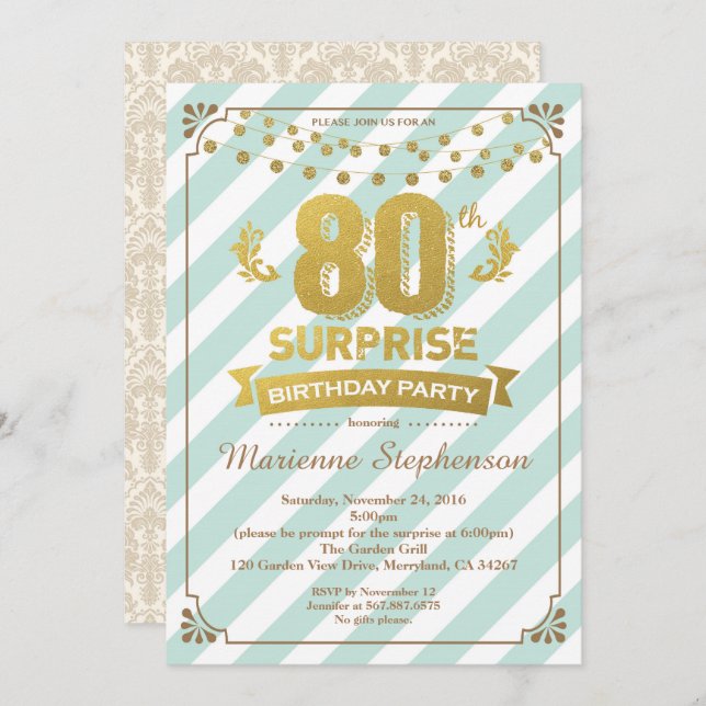 80e invitation surprise d'anniversaire pour femme (Devant / Derrière)