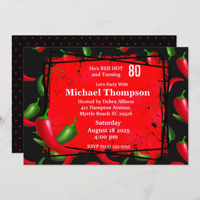 80e Poivre rouge Invitations d'anniversaire pour h (Devant / Derrière)