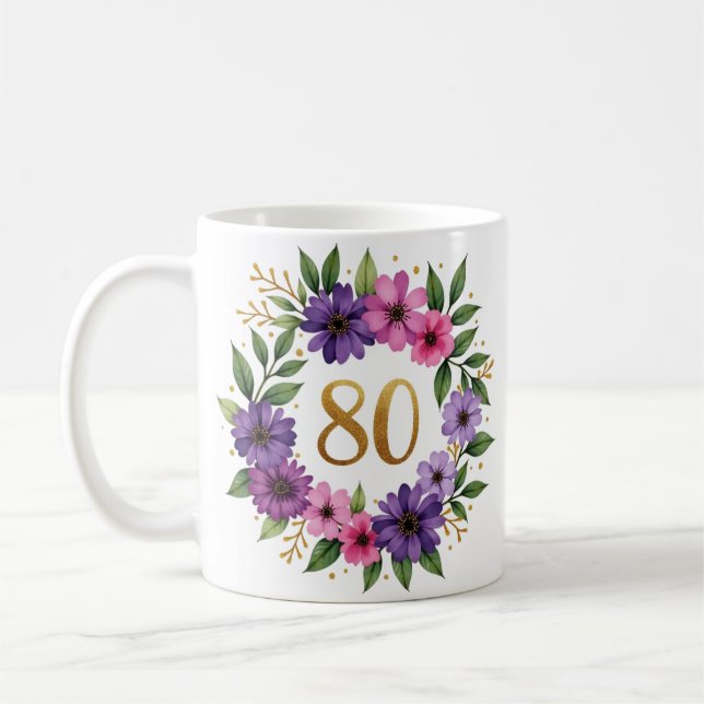 80ème Anniversaire Mug - Couronne florale avec num (Gauche)