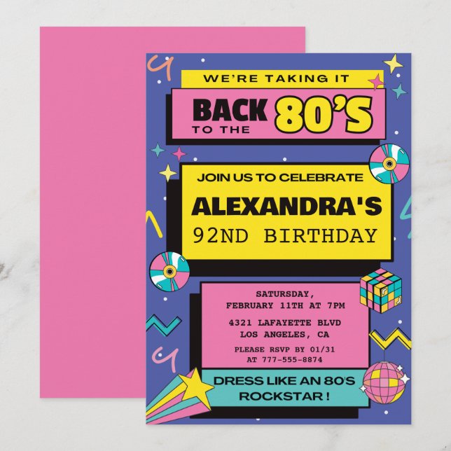 80s fête Budget Retro 92e anniversaire invitations (Devant / Derrière)