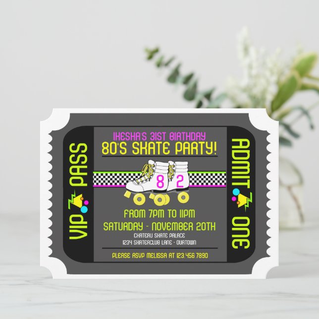 80s Rollerskate Ticket Style Party Invitations (Debout devant)