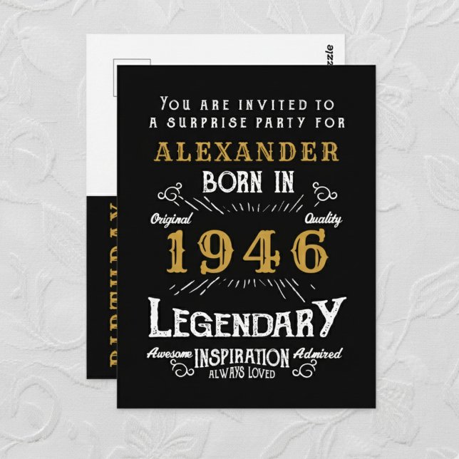 80th Birthday 1946 Black Gold Legend Invitation (1946 birthday invitation postcard. Background white lace.)