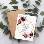 80th birthday burgundy floral gold invitation<br><div class="desc">On front: An invitation for an elegant 80th birthday party. A chic white background with a faux gold geometric frame. Decorated with dark burgundy and pink watercolored flowers, roses and boho style feathers. Templates for a name and party details. The name is written with a hand lettered style script, burgundy...</div>