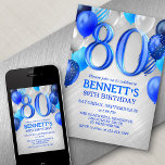 80th Mens Blue Anniversaire Invitation<br><div class="desc">Une fête, une fête entière, et rien d'autre qu'une fête. C'est ce qu'il y a dans cette conception d'anniversaire. Doté de chiffres audacieux et d'une typographie élégante entourée de ballons, ce design est aussi amusant et audacieux que lui. Le bleu et l'argent donnent un air masculin et pointu au design....</div>