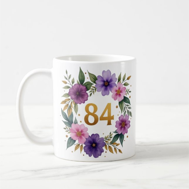 84ème Anniversaire Mug - Couronne florale avec num (Gauche)