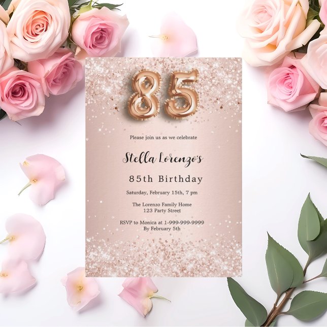 85e anniversaire rose invitation confetti rose or (Créateur téléchargé)