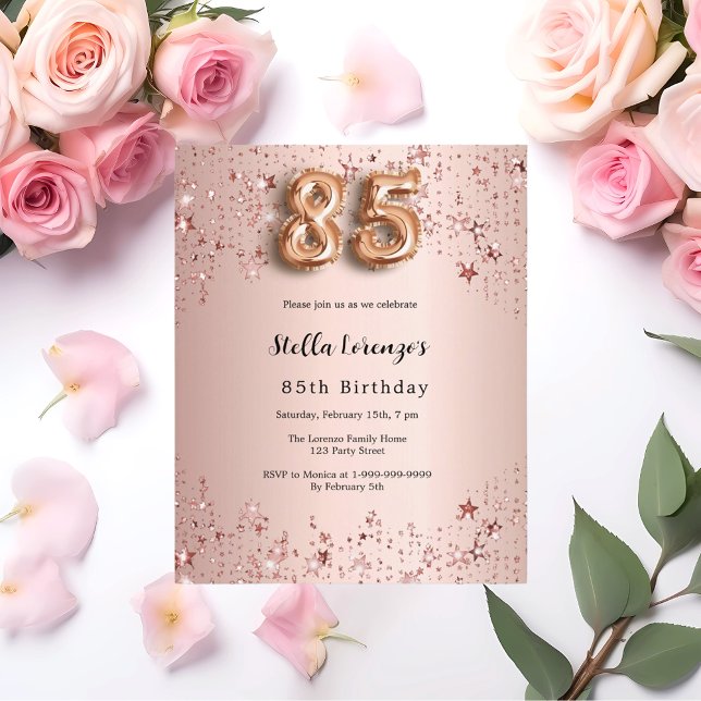 85e anniversaire rose or rose étoiles invitation (Créateur téléchargé)