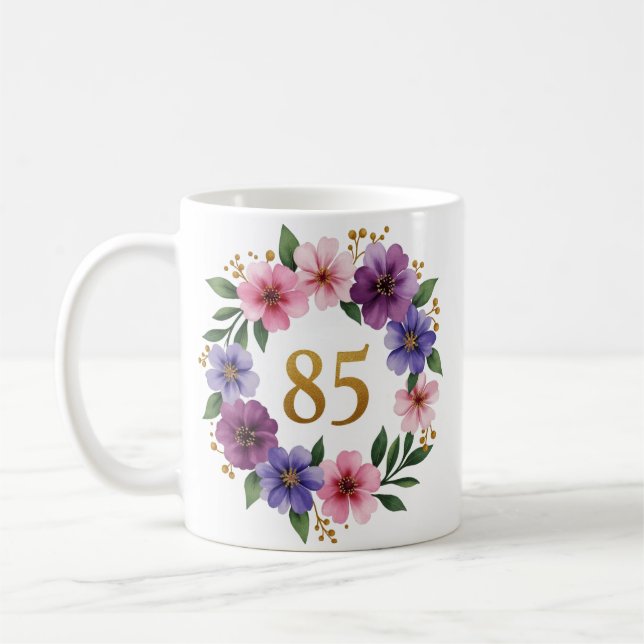 85ème Anniversaire Mug - Couronne florale avec num (Gauche)
