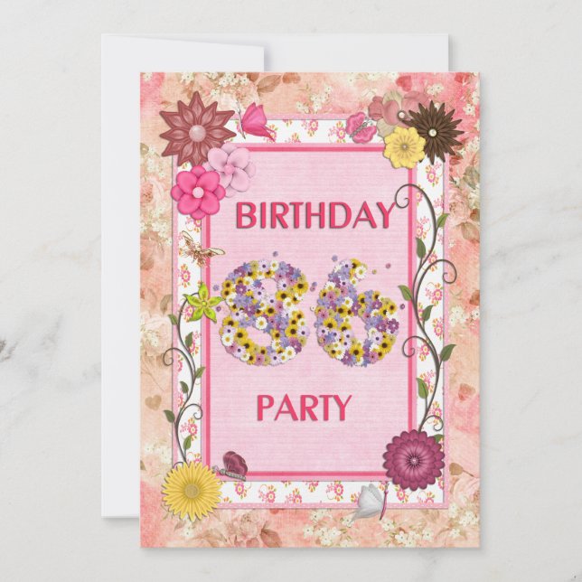 86e anniversaire invitation fête avec cadre fleuri (Devant)