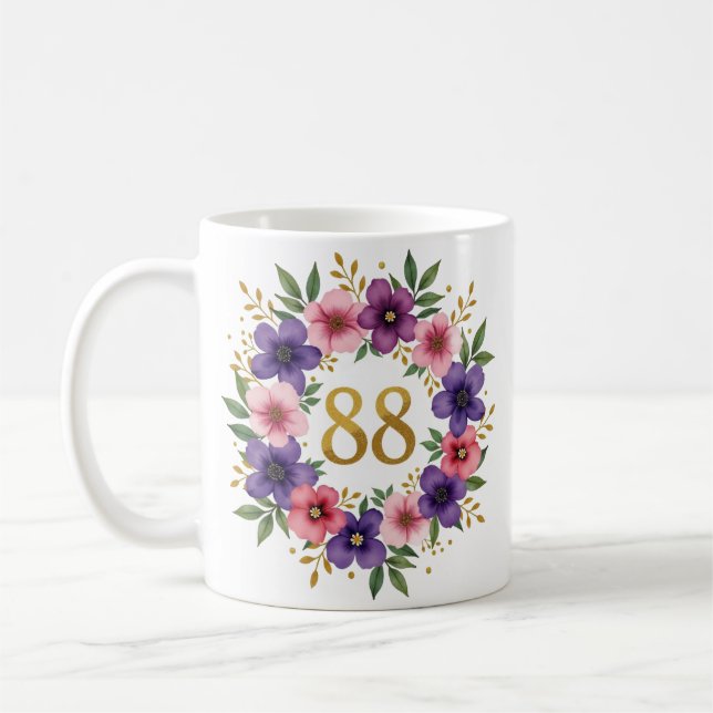 88ème Anniversaire Mug - Couronne florale avec num (Gauche)