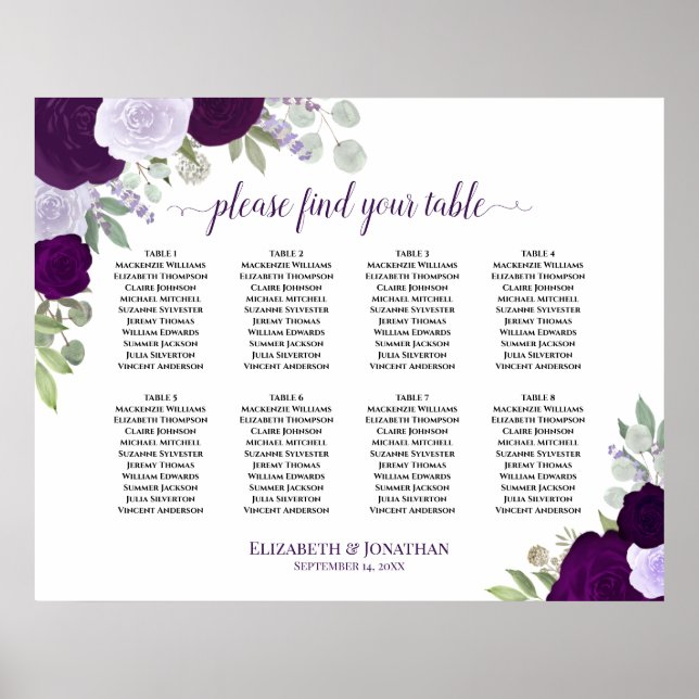 8 Tableau Roses violets Élégant tableau de mariage (Devant)