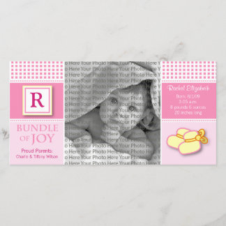 8 x 4 rose En vichy Faire-part de naissance monogr