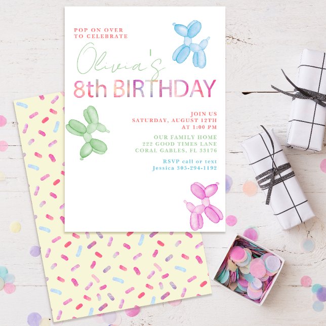 8e anniversaire Invitation animal ballons (modern typography balloon animal eight birthday party invitations)