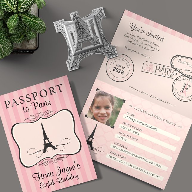 8e anniversaire Pink Paris Passport Invitation (Créateur téléchargé)