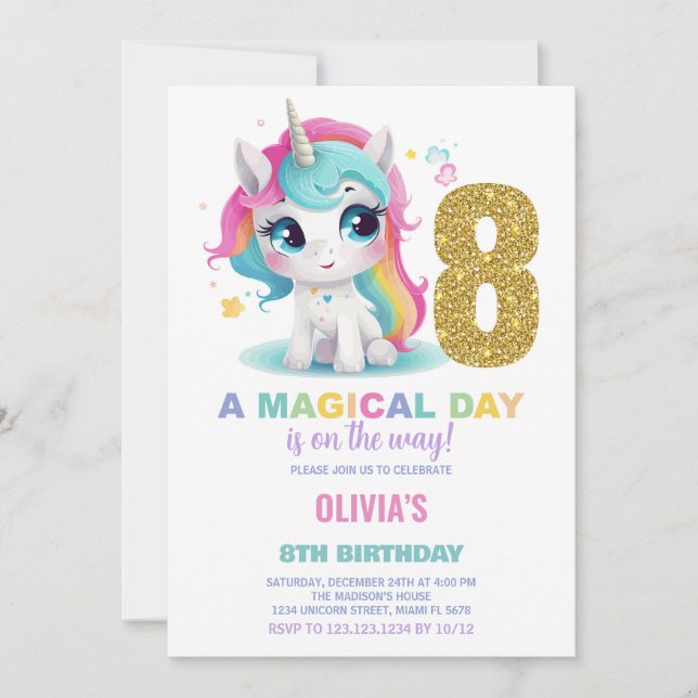 8e anniversaire Unicorn Anniversaire Invitations (Devant)