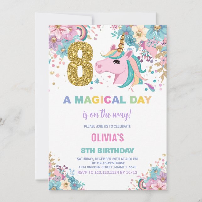 8e anniversaire Unicorn Anniversaire Invitations (Devant)