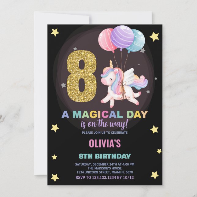 8e anniversaire Unicorn Anniversaire Invitations (Devant)
