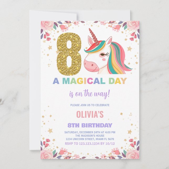 8e anniversaire Unicorn Anniversaire Invitations (Devant)