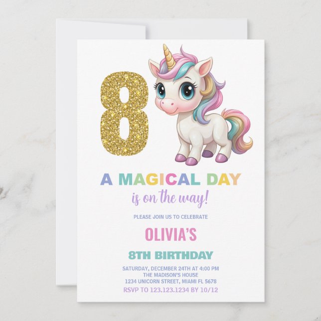 8e anniversaire Unicorn Anniversaire Invitations (Devant)