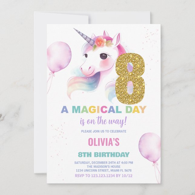 8e anniversaire Unicorn Anniversaire Invitations (Devant)