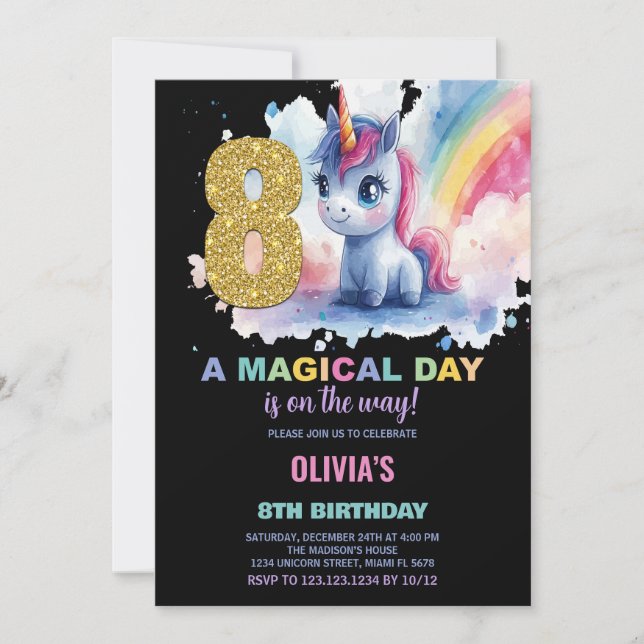 8e anniversaire Unicorn Anniversaire Invitations (Devant)