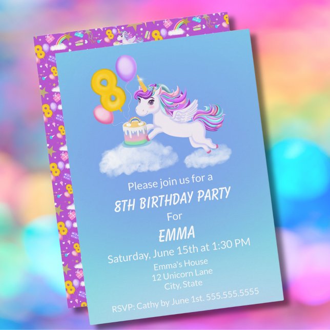 8e anniversaire Unicorne avec invitation de gâteau (Créateur téléchargé)