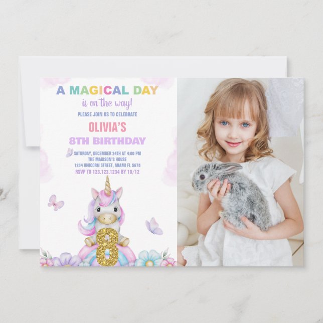 8e Unicorne florale Invitations d'anniversaire ave (Devant)