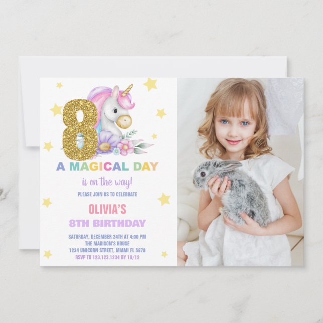 8e Unicorne florale Invitations d'anniversaire ave (Devant)
