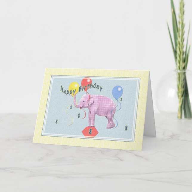 8ème Carte d'anniversaire avec l'éléphant rose et (Devant)