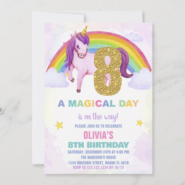 8ème Rainbow Unicorn Anniversaire Invitations Clou (Devant)