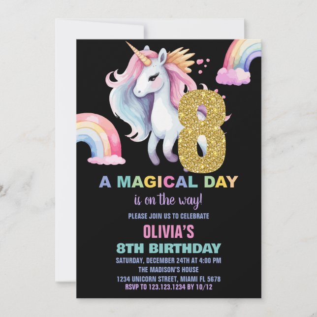 8ème Rainbow Unicorn Anniversaire Invitations wate (Devant)