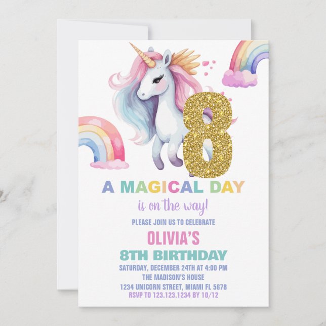 8ème Rainbow Unicorn Birthday Invitations Parties  (Devant)