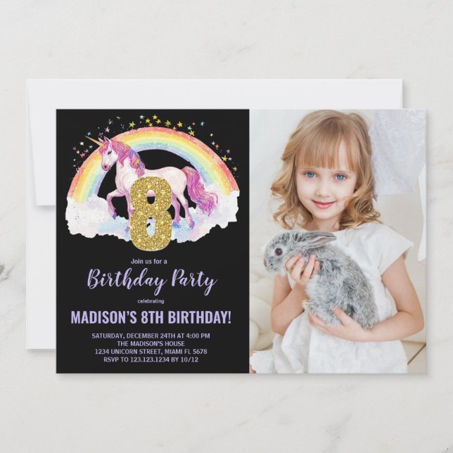 8ème Rainbow Unicorn Birthday Invitations photo (Devant)