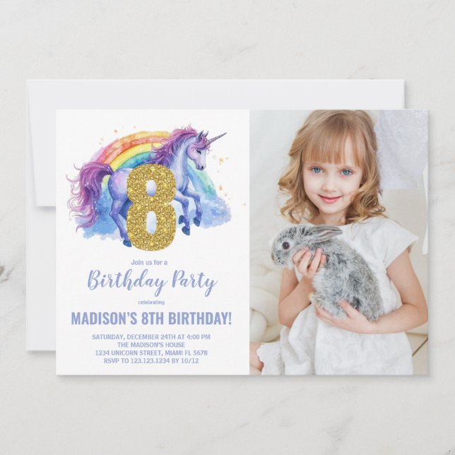 8ème Rainbow Unicorn Birthday Invitations photo (Devant)