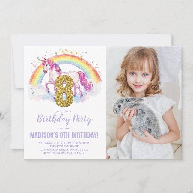 8ème Rainbow Unicorn Birthday Invitations photo (Devant)