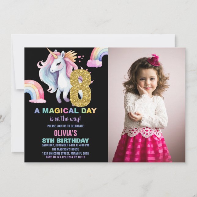 8ème Rainbow Unicorn Invitations Anniversaire avec (Devant)