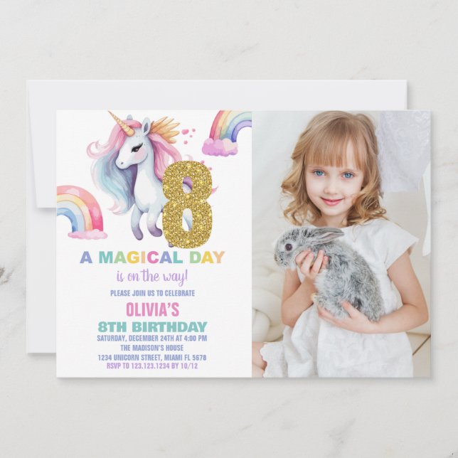 8ème Rainbow Unicorn Invitations Anniversaire avec (Devant)