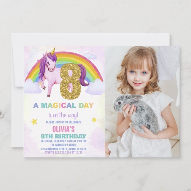 8ème Rainbow Unicorn Invitations Anniversaire avec (Devant)