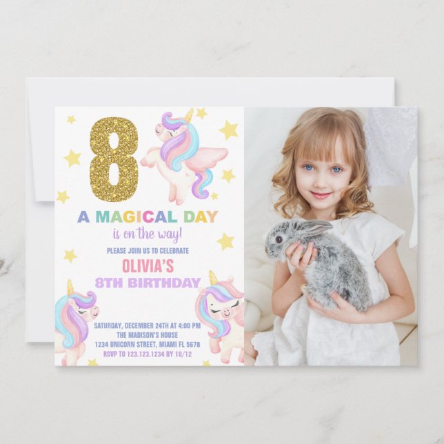 8ème Rainbow Unicorn Invitations Anniversaire avec (Devant)
