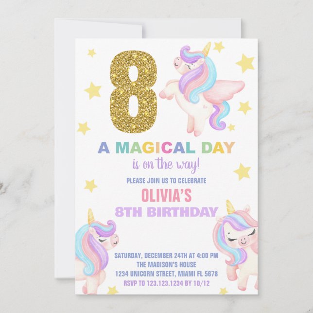 8ème Rainbow Unicorn Invitations Anniversaire Vol (Devant)