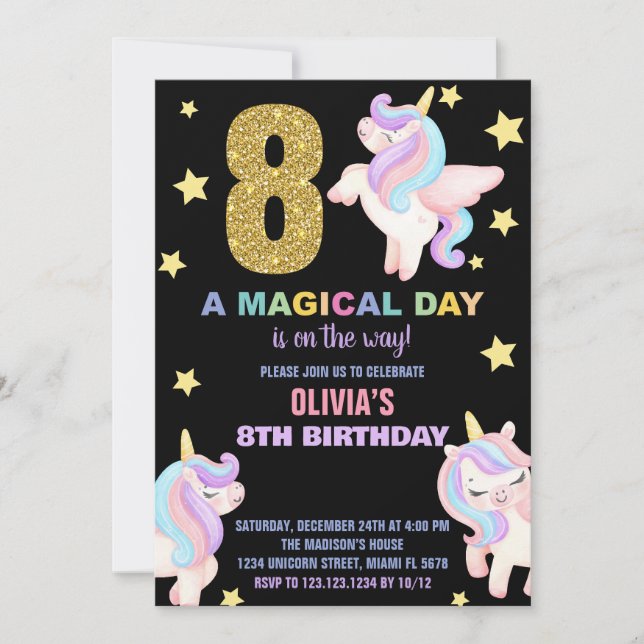 8ème Rainbow Unicorn Invitations Anniversaire Vol (Devant)