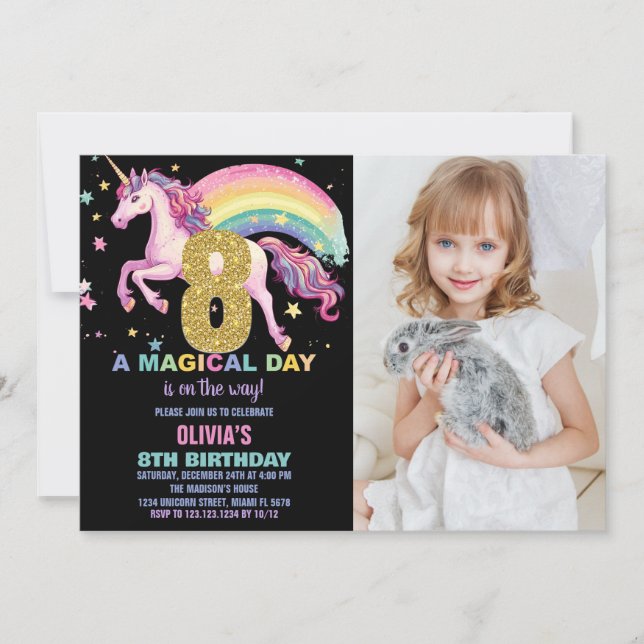 8ème Unicorn Invitations Anniversaire Noir avec ph (Devant)