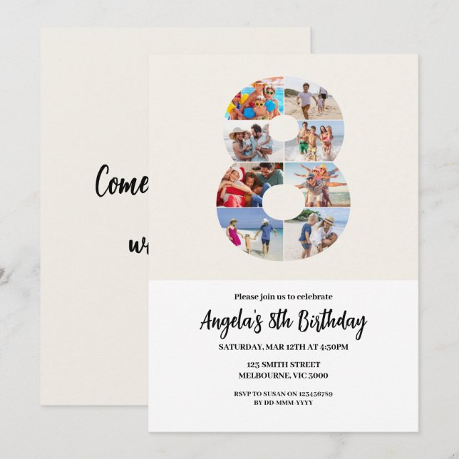 8th Birthday Invitation Minimalist - Number 8 (Devant / Derrière)