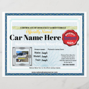 8x11 Nom national Votre voiture certificat officie