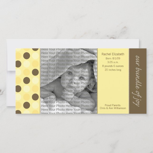 8x4 Faire-part de naissance Jaune et Pois Brown (Devant)